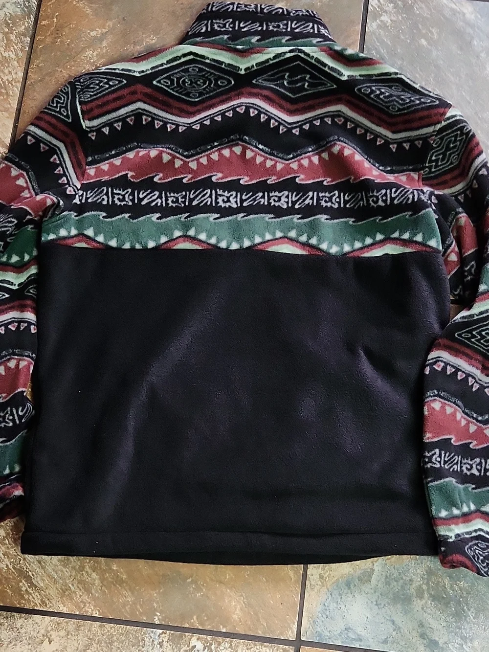 Billabong Black Fleece Zip-Up Sweater with Red & Green Pattern